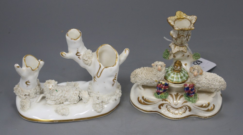 A Staffordshire porcelain sheep inkstand and an Alcock type sheep posy vase, c.1830-40, width 12 and 14cm